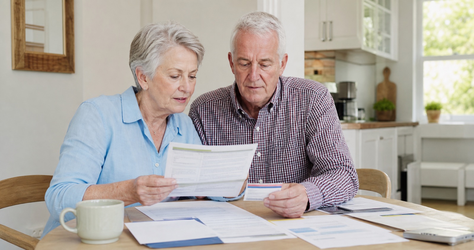 Recently retired couple reviewing retiree health insurance paperwork and a Medicare card at their kitchen table