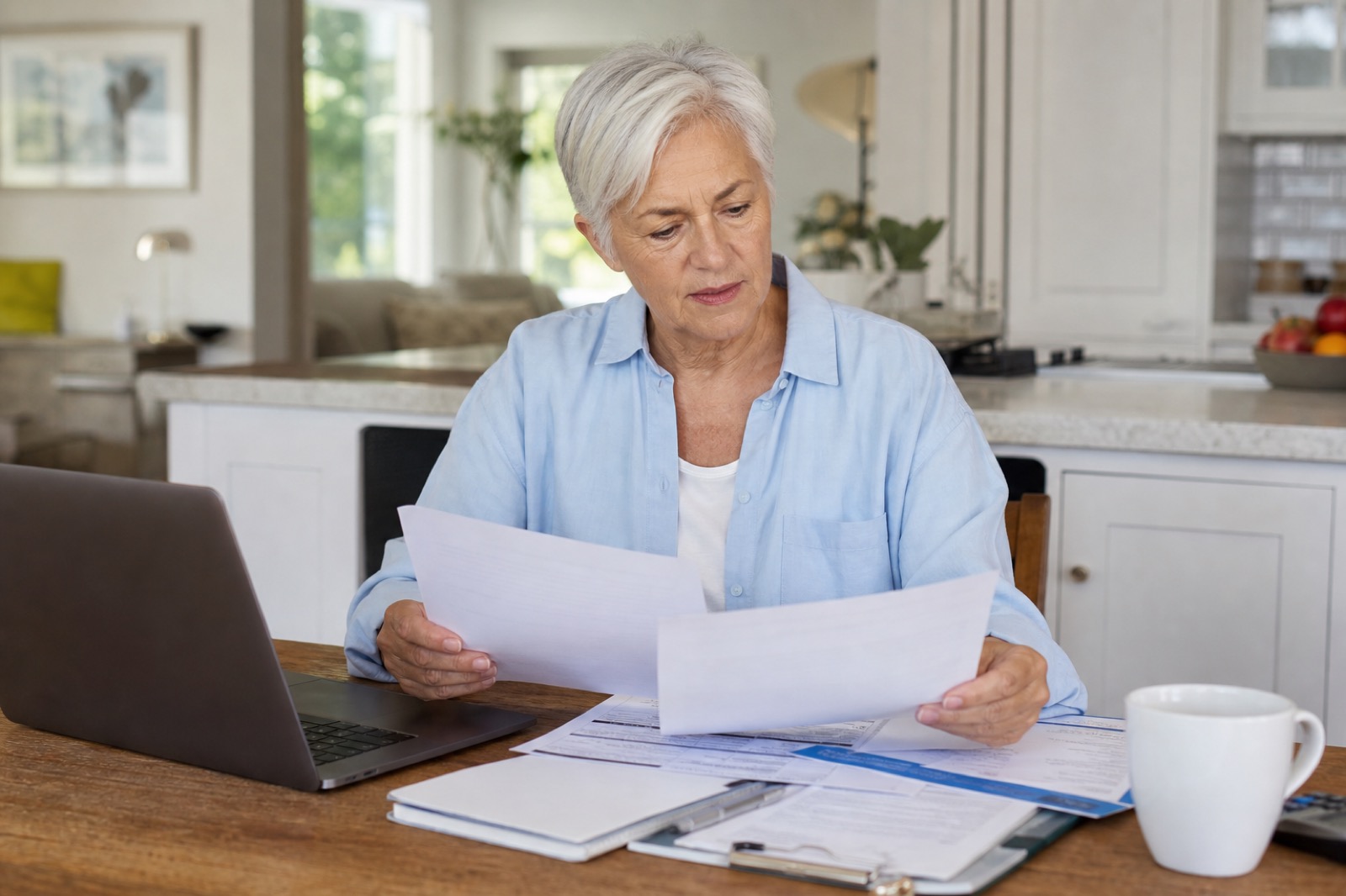 Adult turning 65 reviewing Marketplace coverage paperwork and Medicare enrollment documents at a kitchen table