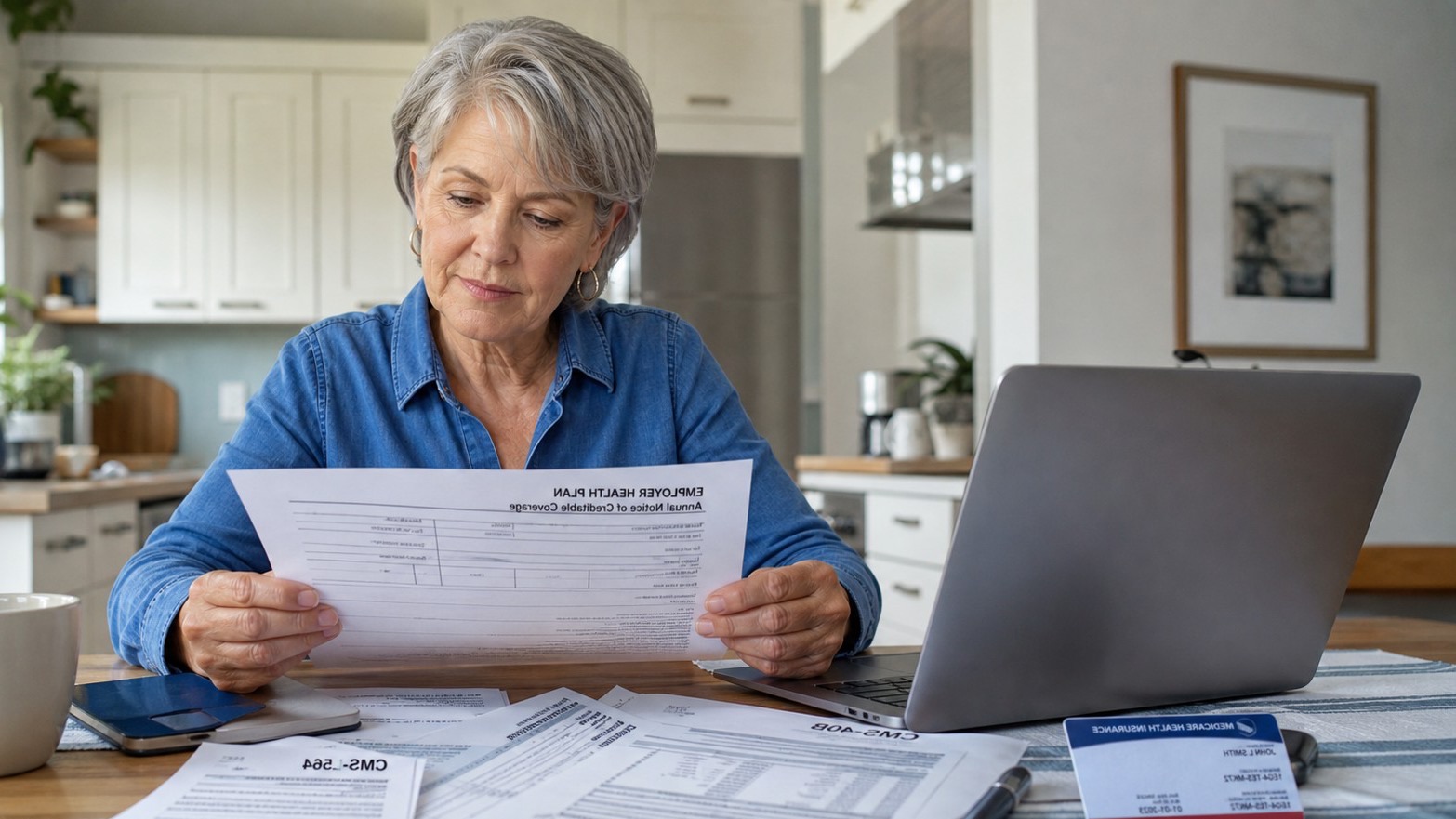 Federal employee nearing retirement comparing FEHB plan paperwork and Medicare enrollment documents at a kitchen table