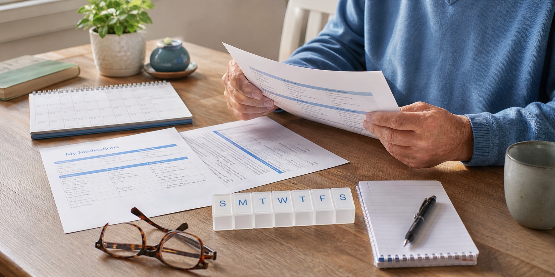 Medicare-age adult reviewing prescription drug plan paperwork, an empty weekly pill organizer, and a calendar at a kitchen table