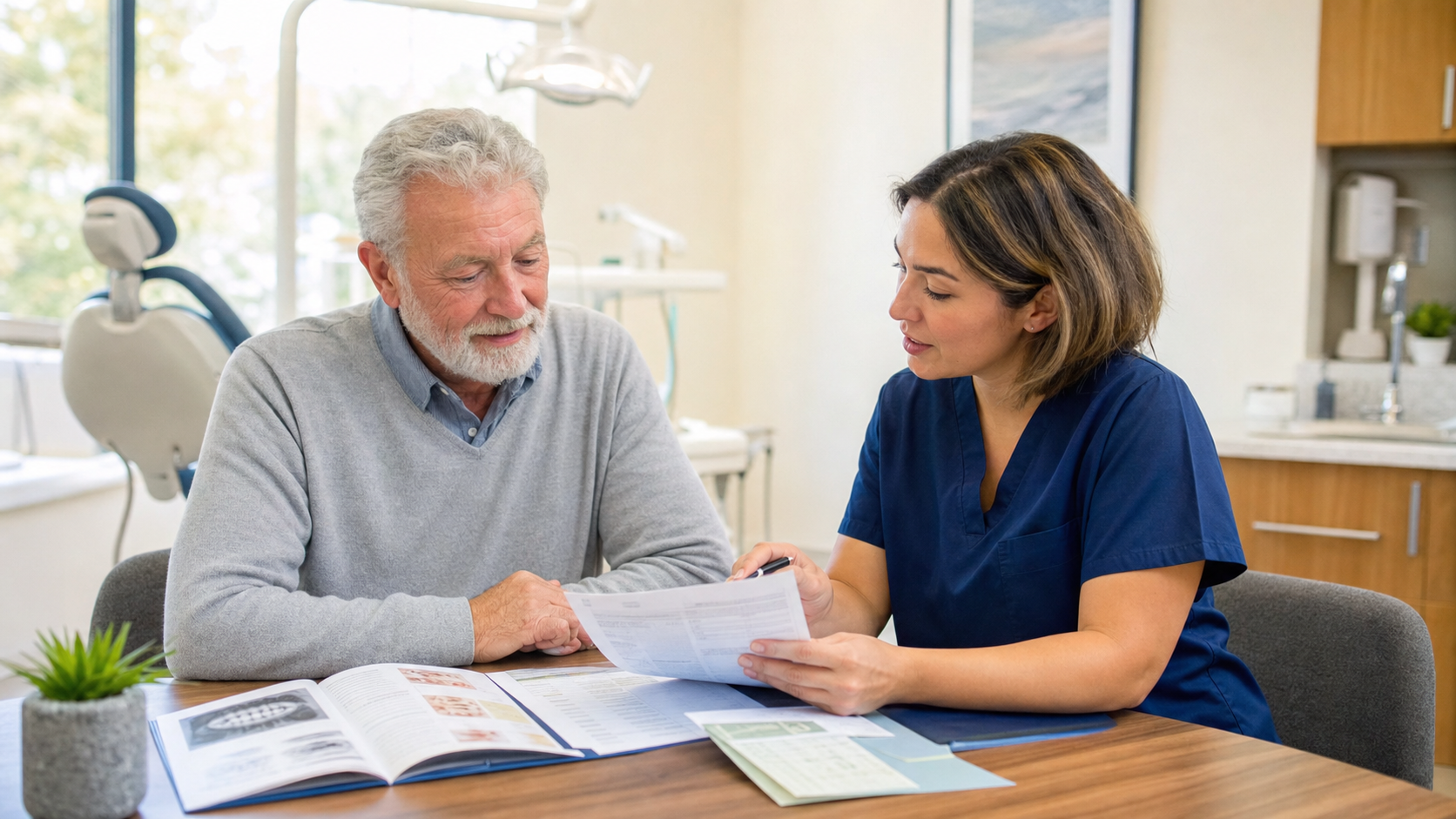Older adult reviewing dental treatment paperwork with a dental care coordinator