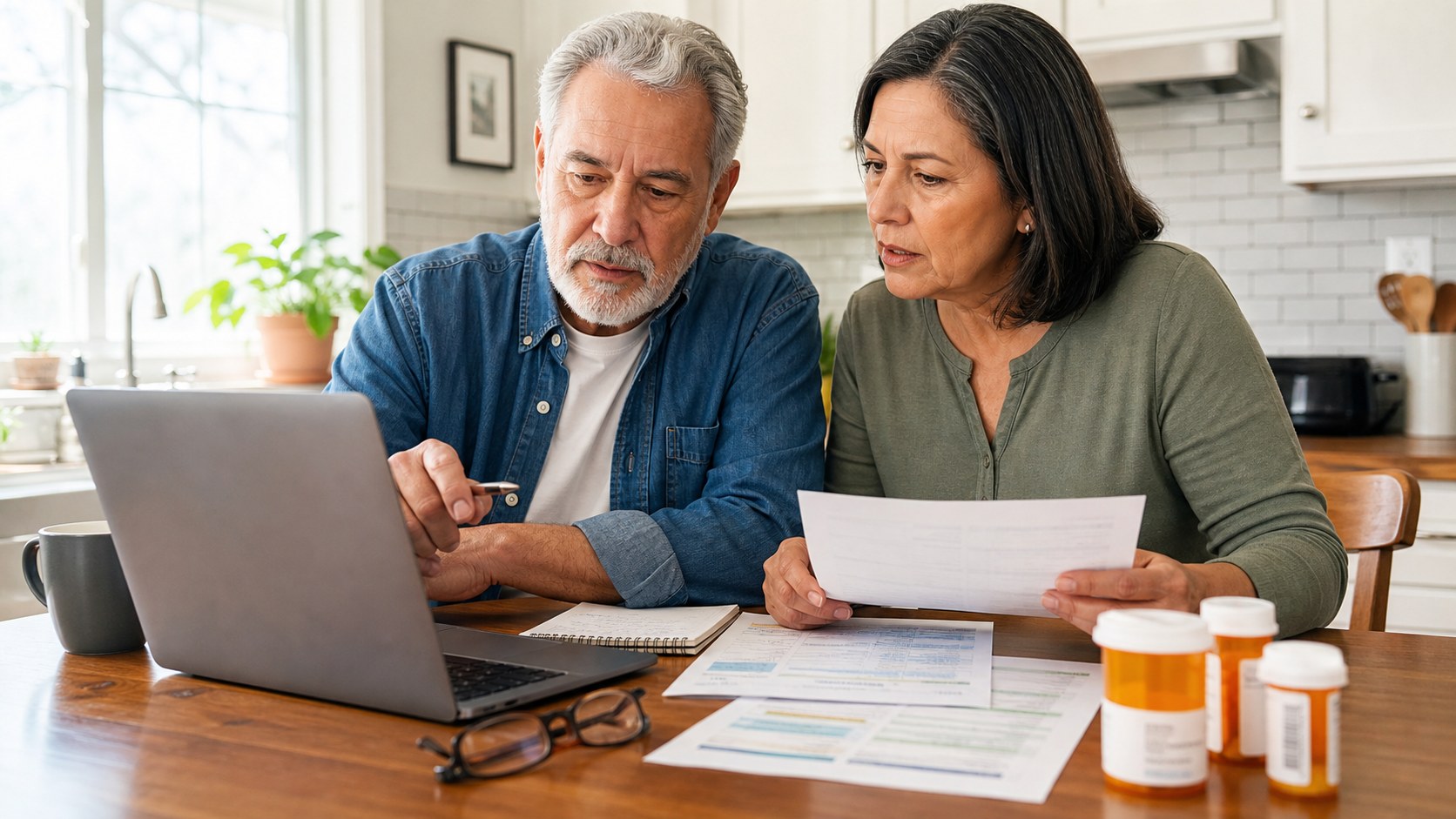 Medicare-age couple comparing prescription drug plan options on a laptop with pill bottles and paperwork on a kitchen table