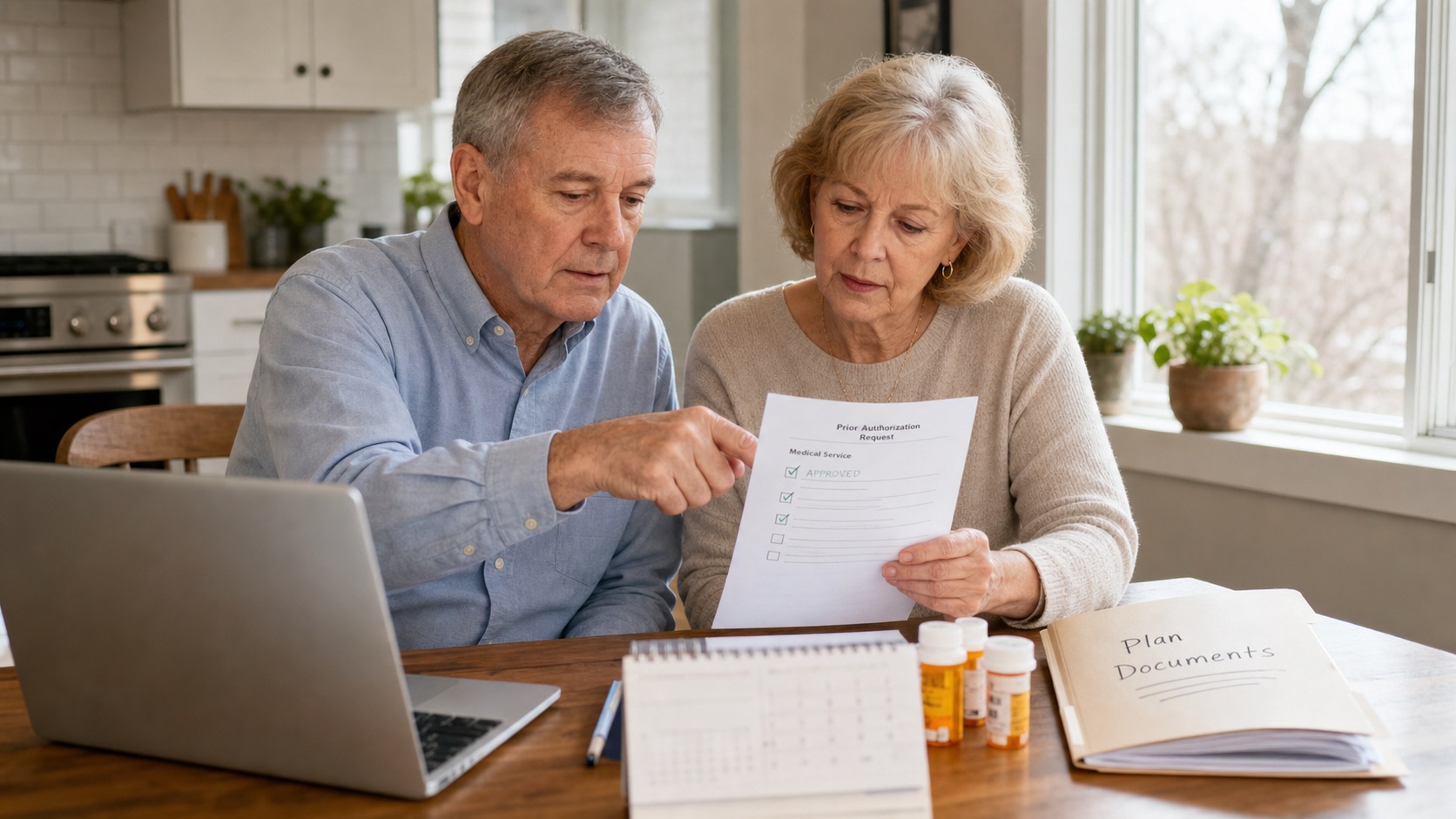 Medicare-age couple reviewing prior authorization paperwork, prescriptions, and health plan documents at a kitchen table