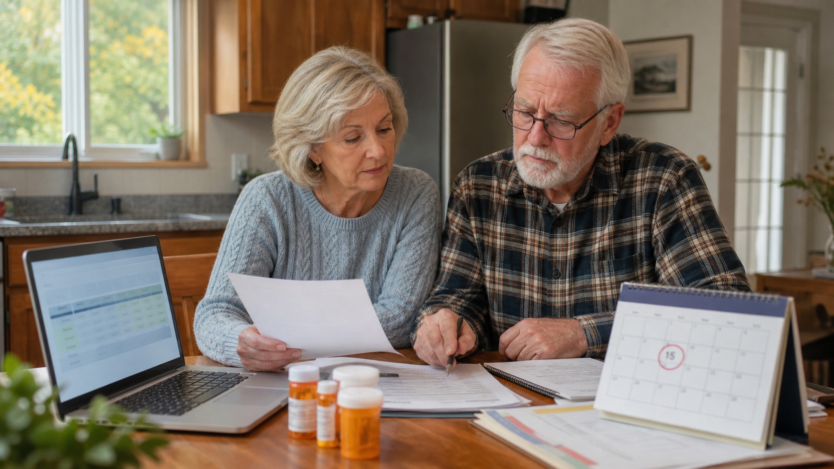Medicare-age couple reviewing plan paperwork, prescriptions, and an October calendar at a kitchen table