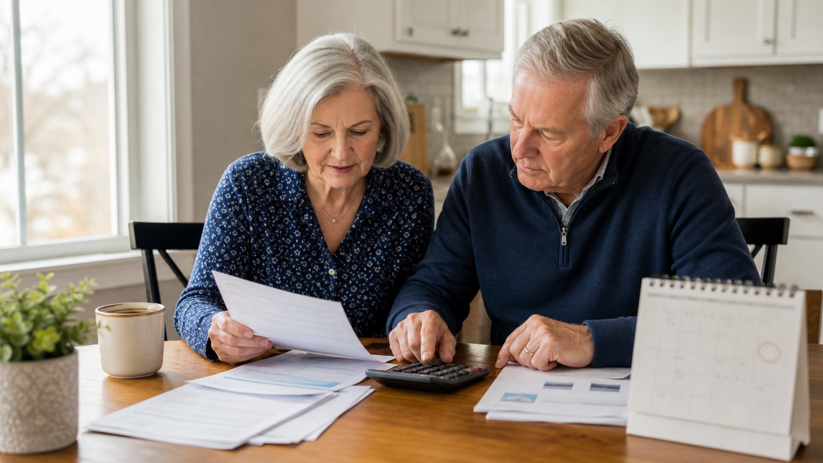 Older couple reviewing Medicare Advantage paperwork, a calculator, and a calendar at a kitchen table