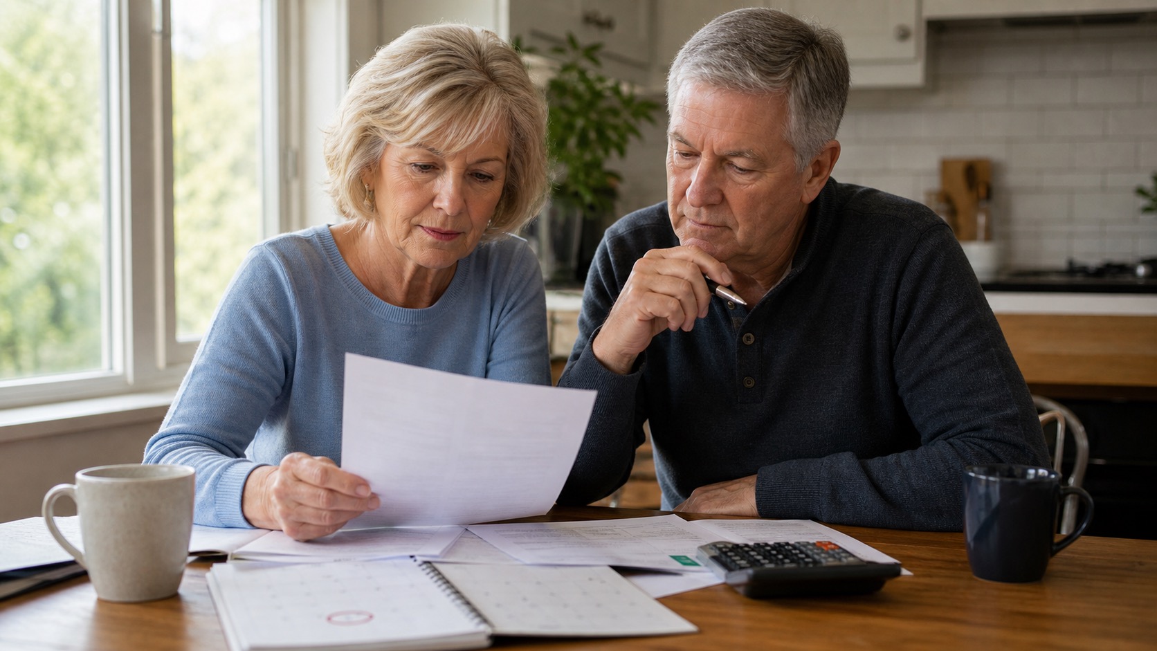 Missouri couple reviewing Medicare Supplement policy paperwork and an anniversary date on a calendar