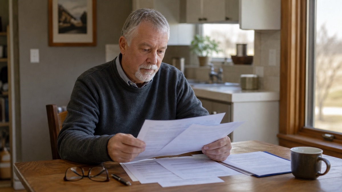 Older adult reviewing employer drug coverage and Medicare enrollment paperwork at a kitchen table