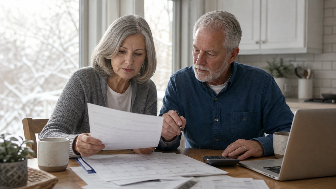 Older couple reviewing Medicare plan paperwork and a calendar at a kitchen table