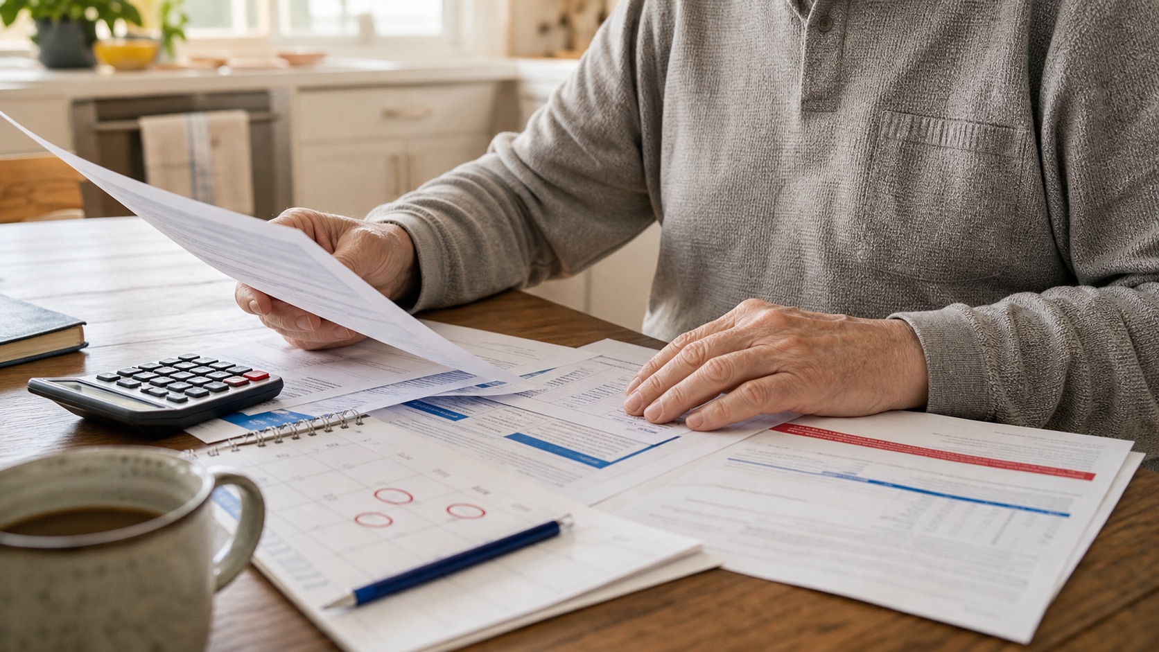 Medicare-age adult reviewing Part B enrollment paperwork, a calculator, and a calendar at a kitchen table