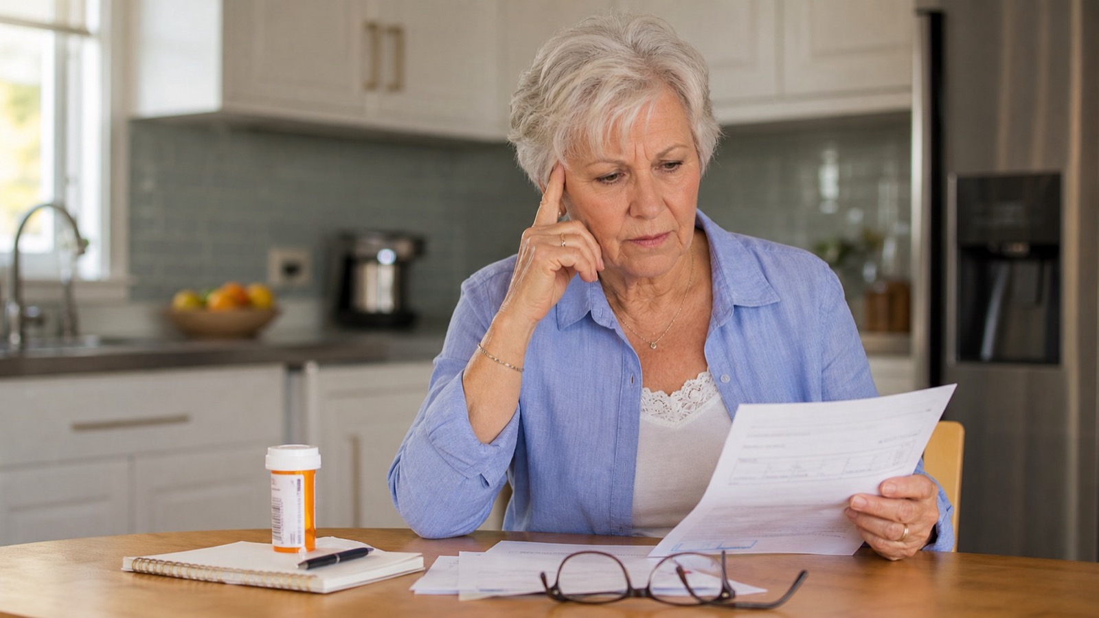 Medicare-age adult reviewing a prescription cost statement and monthly payment notice at a kitchen table