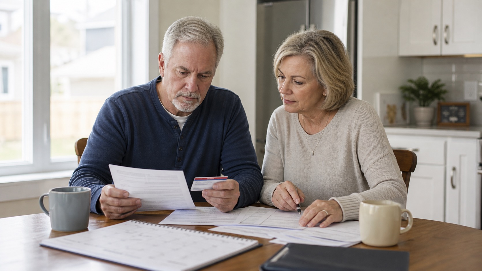 Medicare-age couple reviewing employer health coverage and Medicare paperwork at a kitchen table